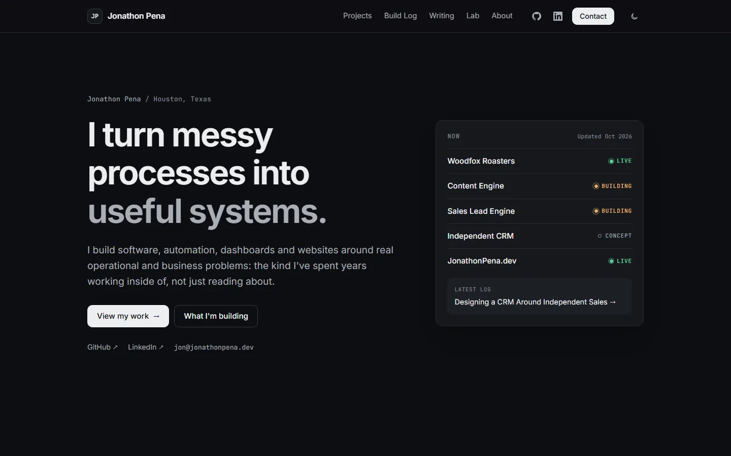 The jonathonpena.dev homepage, showing the headline and a "Now" panel listing projects with their status.